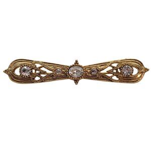1928 Brand Gold Tone Clear Rhinestone Bar Brooch Pin E883